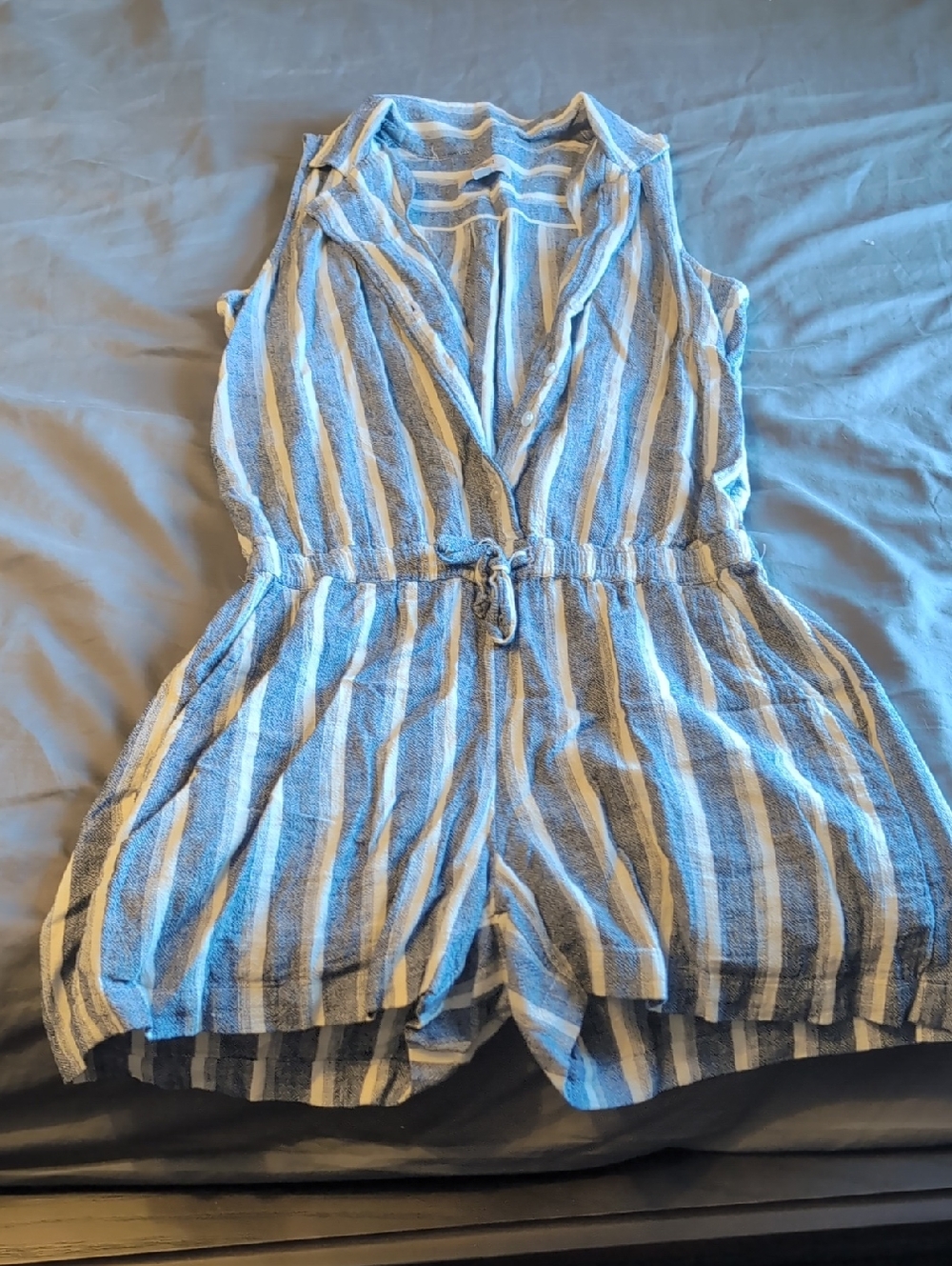 LOFT Blue and White Striped Linen Blend Romper